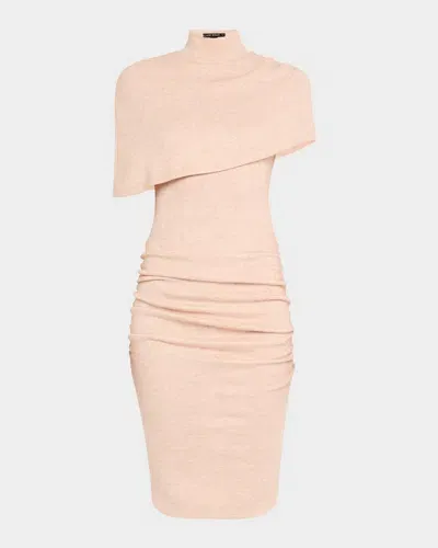 Black Halo Ruched Turtleneck Cape Knit Dress In Pink Champagne