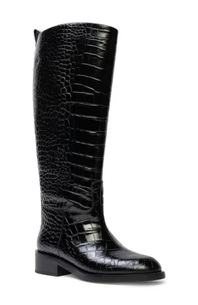 Black Suede Studio Pace Tall Boot In Black Croco Leather