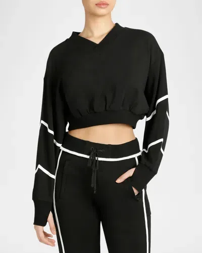 Blanc Noir Belina Cropped V-neck Sweatshirt In Black/white Alyssum