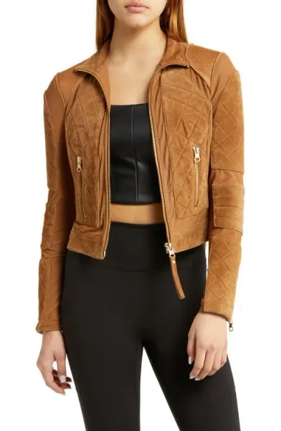 Blanc Noir Mesh Suede Moto Jacket In Brown Sugar/gold