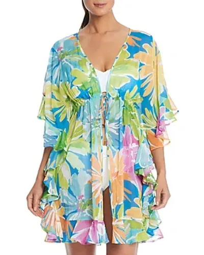 Bleu Rod Beattie Floral Print Ruffled Cover Up Caftan - Exclusive In Multi