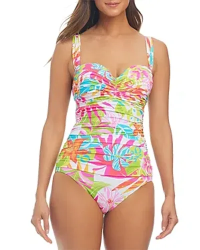 Bleu Rod Beattie Shirred Bandeau Neck Multi Print One Piece Swimsuit