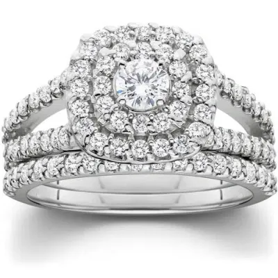 Bliss Diamond 1 1/10ct Cushion Halo Diamond Engagement Wedding Ring Set 10k Gold Carat In 10k White Gold