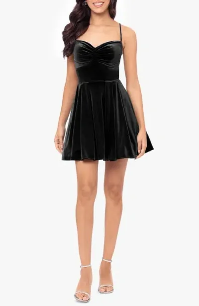 Blondie Nites Lace-up Back Stretch Velvet Fit & Flare Minidress In Black