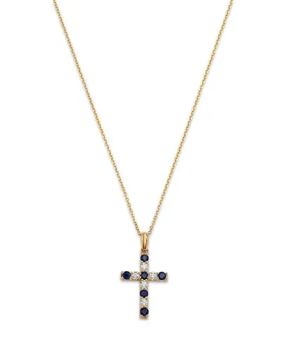 Bloomingdale's Fine Collection Blue Sapphire & Diamond Cross Pendant Necklace In 14k Yellow Gold, 16-18 In Blue/gold