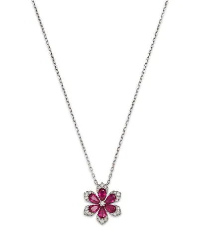 Bloomingdale's Fine Collection Ruby & Diamond Flower Pendant Necklace In 14k White Gold, 18 In Pink/white