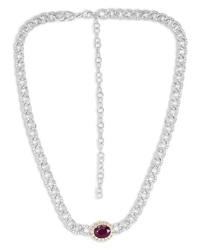 Bloomingdale's Fine Collection Ruby & Diamond Oval Halo Chain Link Collar Necklace In 14k Yellow & White Gold, 14-18 In Red/white