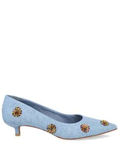 Blue Bird Shoes 30mm Embroidered Denim Pumps In Blue