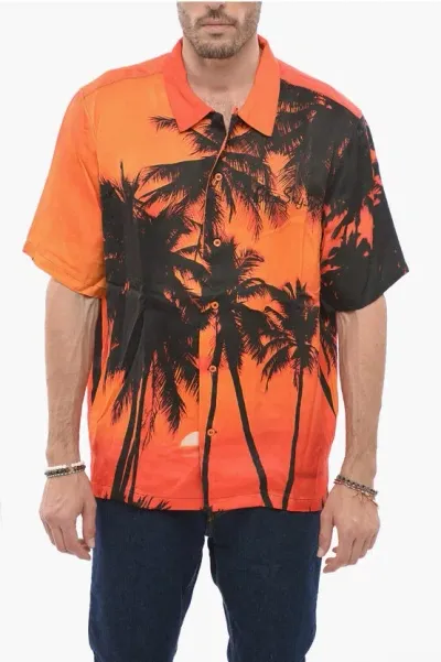 Blue Sky Inn Sunset Palms Printed Satin Shirt In Ao Print Orange