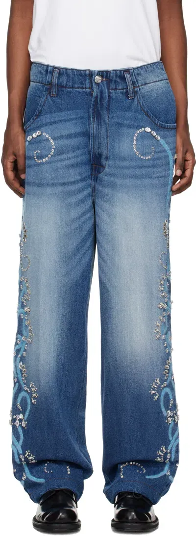 Bluemarble Blue Hand Embroidered Relaxed Jeans In Dnm