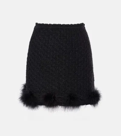 Blumarine Feather-trimmed Knitted Miniskirt In Black