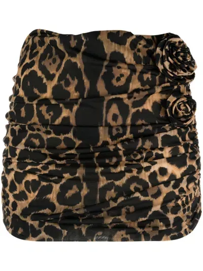 Blumarine Floral-appliqué Leopard-print Miniskirt In Brown