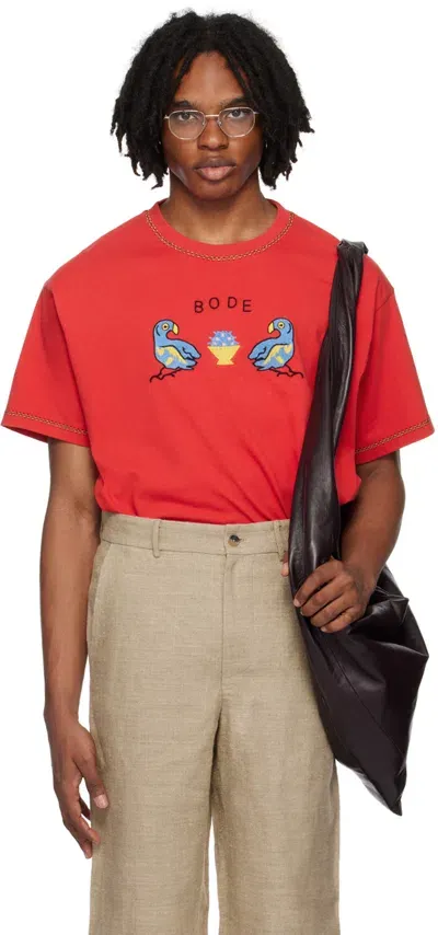 Bode Twin Parakeet Embroidered Cotton T-shirt In Red