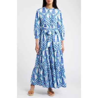 Boden Alba Long Sleeve Tiered Cotton Maxi Dress In Surf The Web Pineapple Wave