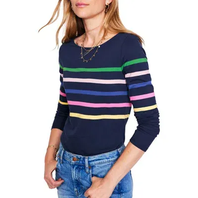 Boden Ella Breton Rainbow Stripe Cotton Top In French Navy Rainbow