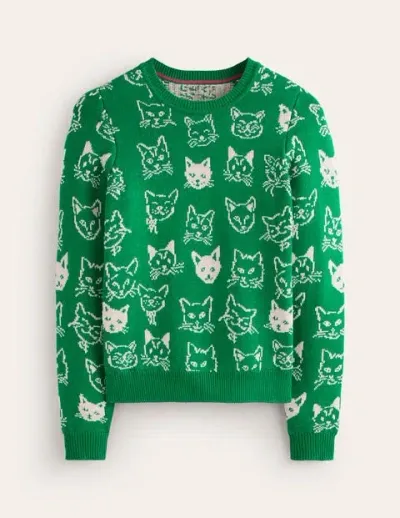 Boden Heather Jacquard Sweater Rich Emerald Green, Cats Women  In Rich Emerald Green/ Cats