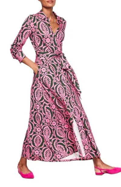 Boden Marcia Print Long Sleeve Maxi Shirtdress In Pink Foliage Stamp