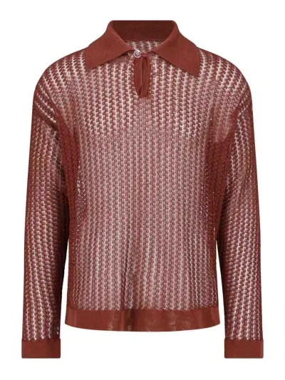 Bonsai Oversize Viscose & Nylon Knit L/s Polo In Burgundy