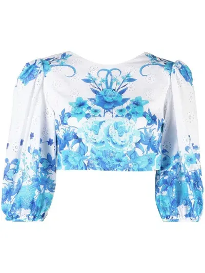 Borgo De Nor Floral-print Cropped Blouse In Blue