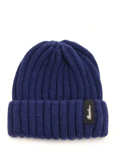 Borsalino Logo-patch Ribbed Beanie In Blau