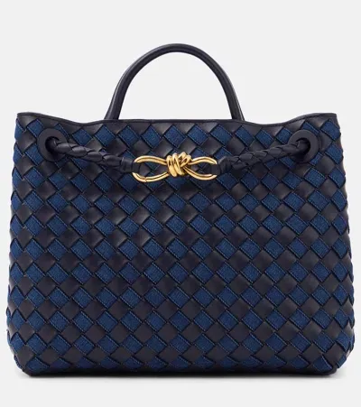 Bottega Veneta Andiamo Medium Embellished Intrecciato Leather And Denim Tote In Abyss  Indigo  & Muse Brass