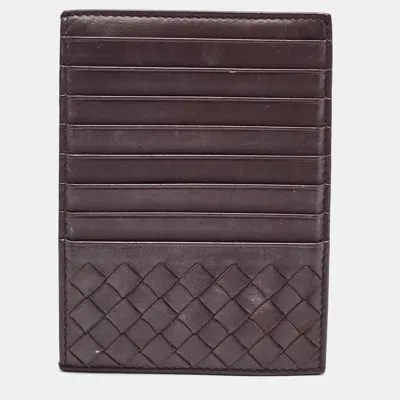 Pre-owned Bottega Veneta Dark Burgundy Intrecciato Leather Card Holder