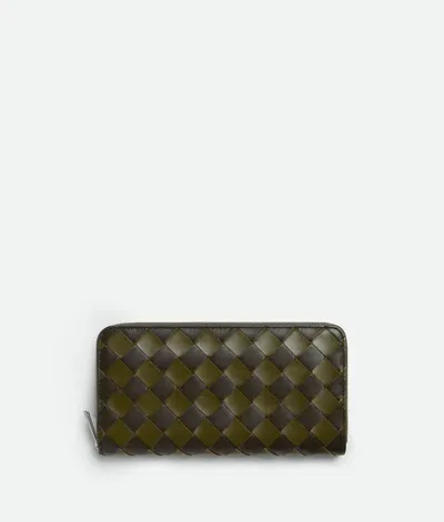 Bottega Veneta Intrecciato Zip Around Wallet In Kaki/olive Oil