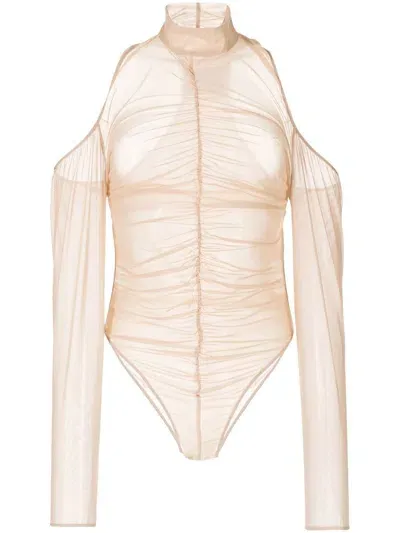 Boyarovskaya Ruched Mesh Bodysuit In Brown