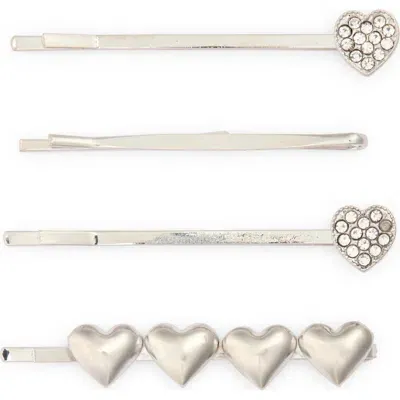 Bp. 4-piece Heart Hair Clip Set In Rhodium Crystal