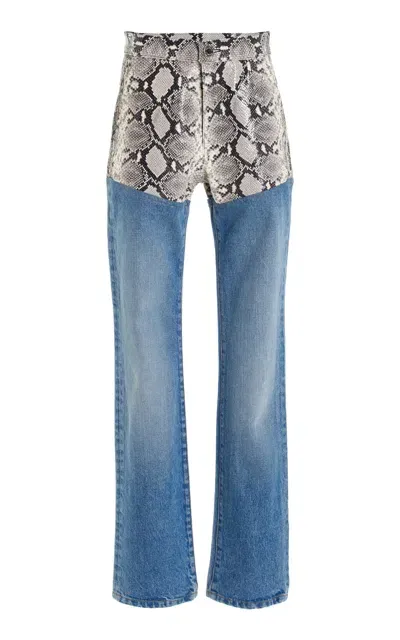 Brandon Maxwell The Wyatt Leather-paneled Rigid High-rise Straight-leg Jeans In Medium Wash