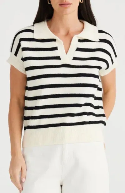 Brave + True Brave+true Angelica Stripe Short Sleeve Polo Sweater In Black