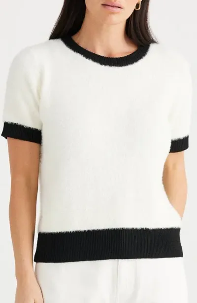 Brave + True Brave+true Tinker Contrast Trim Short Sleeve Sweater In Off White W Black