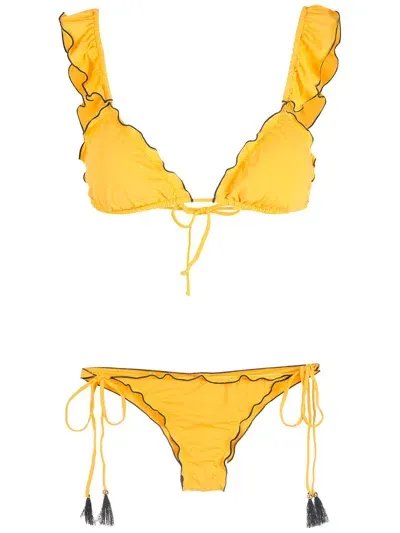 Brigitte Ruffled-trim Rippled Bikini Set In Yellow