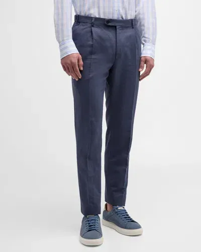 Brioni Men's Journey Slim Linen Trousers In Petroleum