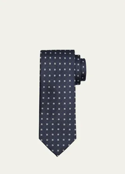 Brioni Men's Silk Jacquard Micro-box Tie In White Dark Blue