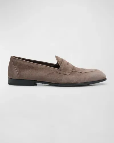 Brioni Men's York Suede Penny Loafers In Zinc