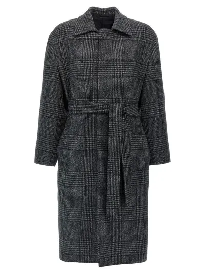 Brioni Waist Belt Long Checked Lapel Coat In Grey