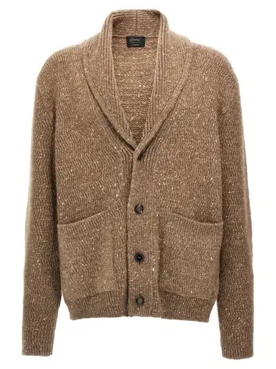 Brioni Shawl Collar Textured Knit Cardigan With Pockets In Beige