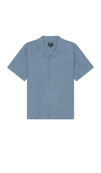 Brixton Bunker Linen Short Sleeve Camp Collar Shirt In Flint Stone Blue