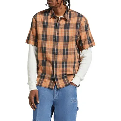 Brixton Cru Oversize Plaid Short Sleeve Linen & Cotton Button-up Shirt In Black/rust Orange