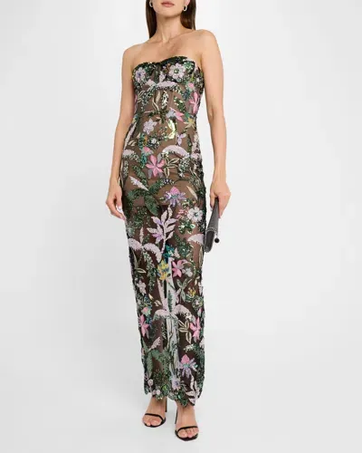 Bronx And Banco Dahlia Leoni Strapless Sequin Embroidered Gown In Blue Multi