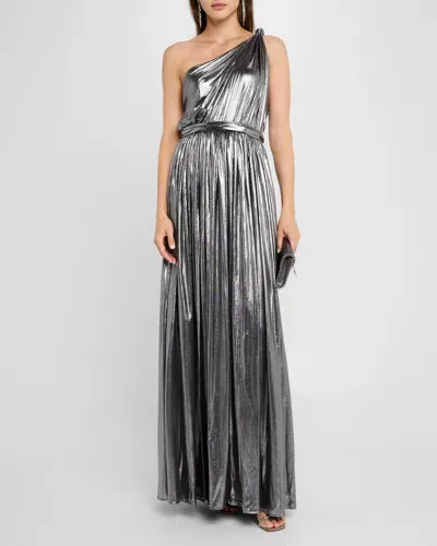 Bronx And Banco Goddess Metallic One-shoulder Gown In Silver