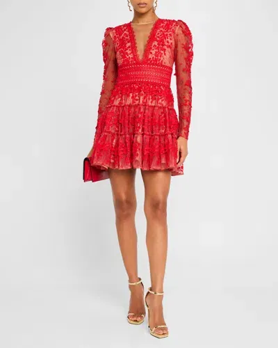 Bronx And Banco Megan Tiered Floral Applique Lace Mini Dress In Red