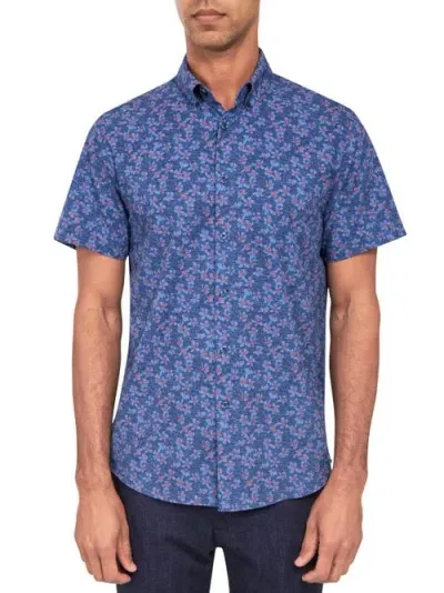 Brooklyn Brigade Denim Floral Recycled 4-way Stretch Performance Short Sleeve Shirt In Navy