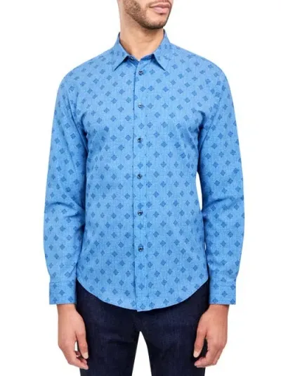 Brooklyn Brigade Denim Geo 4-way Stretch Performance Long Sleeve Shirt In Blue