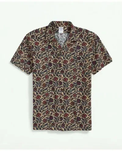 Brooks Brothers Cotton Short Sleeve Camp Collar Shirt In Batik-inspired Floral Print In Khaki