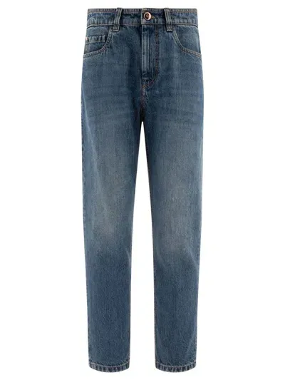 Brunello Cucinelli Baggy Authentic Con Shiny Tab Jeans In Blue