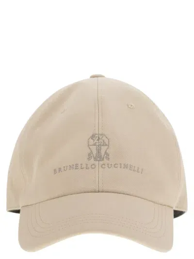 Brunello Cucinelli Baseball Cap In Garment Dyed Twisted Cotton Gabardine With Embroidered Logo In Beige