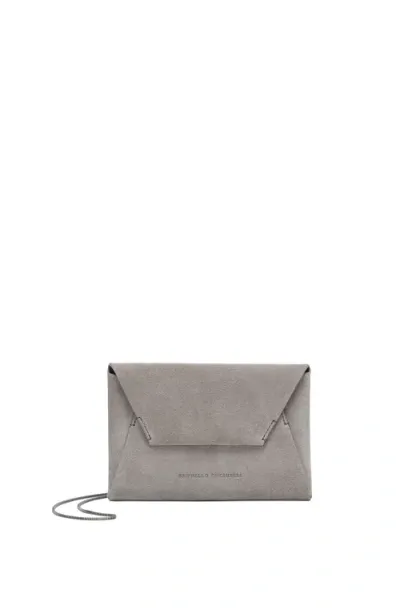 Brunello Cucinelli Logo-stamp Suede Shoulder Bag In Grey