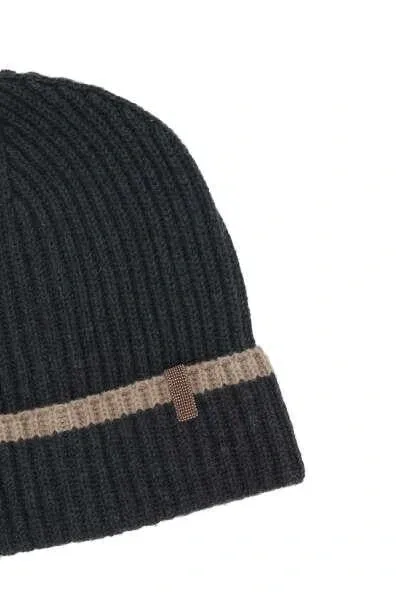 Brunello Cucinelli Beanie In Black Stone+brown